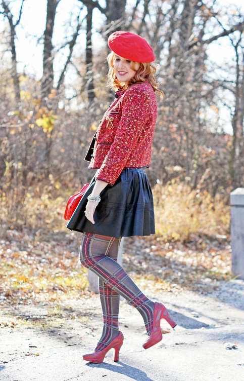 Winnipeg Fashion Blog, Canadian Fashion Blog, Forever 21 red black boxy tweed blazer jacket, Joe Fresh neon yellow t-shirt top, Danier leather ruffle circle black pleated skirt, Stella & Dot red beaded necklace, Stella & Dot gold coil bracelet, Aldo red lip patent clutch bag purse, Icing red crystal lip ring, vintage red wool felt beret, Deanne Watson Jewelry red crystal silver wire earrings, Forever 21 gold bow pin brooch, red grey plaid Betsey Johnson tights, Fluevog red brown grey Miracles Meera platform pump heels